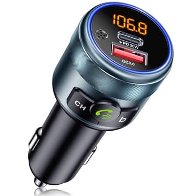 GizmoVine Émetteur FM Voiture, Adaptateur Bluetooth 5.3, Métal, 2 Ports Charge Rapide (PD 30W + QC3.0 18W), Radio sans Fil, Son Grave, Appels Mains Libres, Écran LED, Clé USB, 12V/24V