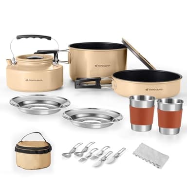 Odoland Camping Batterie de Cuisine pour 2 Personnes, Set de Couverts de Camping, Poêle à Frire Moyenne + Casserole Moyenne, Bouilloire 0,8L, 2 Sets de Couverts en Acier Inoxydable, Kaki