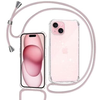 Tikgue Coque pour iPhone 15 avec Cordon, Collier Coque Glitter Transparent Paillettes Etui TPU Bumper Silicone Case avec Chaîne Lanière Housse Compatible avec iPhone 15 - Or Rose