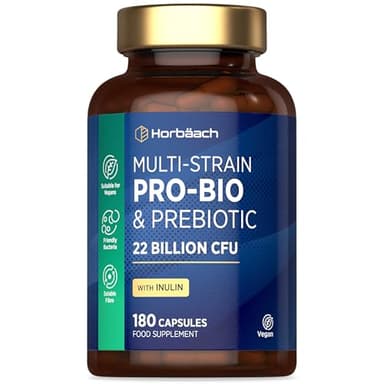 Probio et Prébiotique | 180 Vegan Gélules | Probio Flore Intestinale Avec Lactobacillus, Inuline et Extrait de Canneberge | 22 Milliards d'UFC | par Horbaach