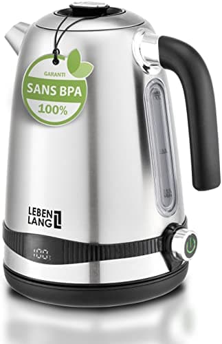 LEBENLANG Bouilloire electriqueen acier inoxydable Réglage de la température - 1,7 litre & 2200W Silencieux indicateur de température & fonction maintien au chaud | Rétro sans plastique
