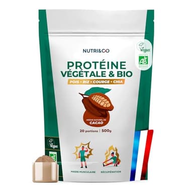 NUTRI & CO Protéines Vegétales BIO - 4 Sources : Pois, Riz, Chia & Courge - Riche en BCAA - Vegan Protein 100% naturelle - Goût Naturel Cacao 500g - Sans édulcorant ni additif - Fabriqué en France