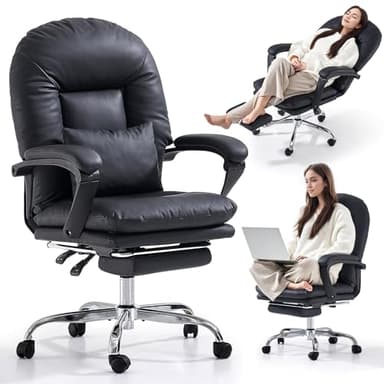 EMIAH Fauteuil de Bureau Ergonomique avec Repose-Pieds, Chaise de Bureau Inclinable en Cuir PU, Siège Pivotant Moderne Confortable avec roulettes, Chaise d'ordinateur Mi-Dossier pour la Maison, Noir