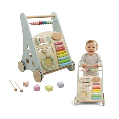 BUDDY BABY Montessori - Walker Baby en bois - Poussette pour premiers pas avec jouets et activités - Poussette bébé +12 mois (Laponie/Vert)