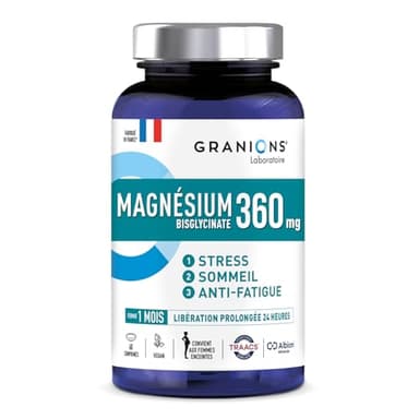 MAGNESIUM BISGLYCINATE 360 MG GRANIONS | Magnesium Fort Dosage + Vitamine B6 - Anti Stress Adulte - Bisglycinate 360 MG - Stress Fatigue - 60 Comprimés - Fabriqué en France