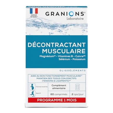 GRANIONS Décontractant Musculaire Crampes, gênes, raideurs musculaires Magnesium, Vit B, Cuivre, Selenium, Potassium Pour toute la famille Fabriqué en France 60 comprimés