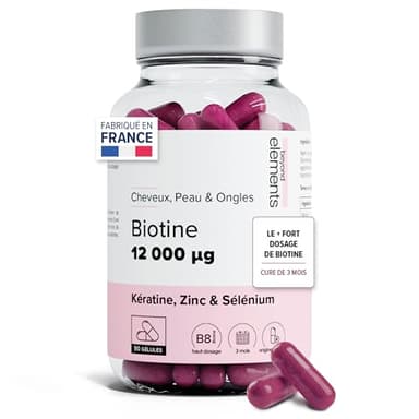 Biotine 12 000µg Haut Dosage Avec Keratine, Selenium & Zinc - Pousse Cheveux, Peau & Ongles - Cure 3 Mois - 90 Gélules Végétales - Beyond Elements