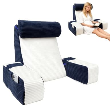 ROOWANA Oreiller de Lecture pour lit, Coussin d'appui Dorsal réglable avec accoudoirs et Appui-tête, adapté à la Lecture/Jeux/Relaxation/télévision, Bleu & Blanc