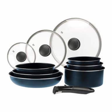 Sitram 714251 Batterie de cuisine 10 pcs Aluminium bleu métal mat : manche amovible, 3 Poêles Ø20,24,28 cm, 3 Casseroles Ø16,18,20 cm, 3 Couvercles Verre Ø16,20,24 cm, tous feux dont induction