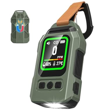 Detecteur Monoxyde Carbone Portable, Autonomie de 300 Heures, thermomètre et hygromètre avec Fonction d'alarme et Lampe Torche d'urgence, idéal pour Le Camping, Les Voyages, la Voiture et la Cuisine.