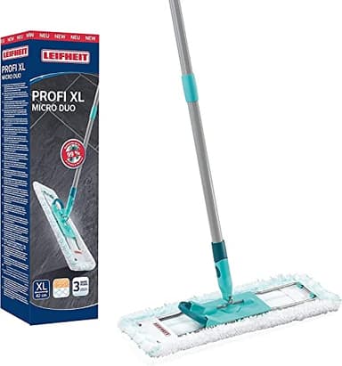 Leifheit Lave-Sol Profi XL Micro Duo Manche Acier, balai microfibre avec housse lavable et manche de 146 cm, balai à plat, accessoire ménage pour sols carrelés et stratifiés, tête 360 degrés