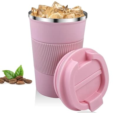 Relota Mug Isotherme Cafe 380ml Rose, Isotherme Réutilisable Acier Inoxydable 304 Tasse de Voiture avec Couvercle, Café Étanche de Voyage pour Café Chaud et Froid, Lait et Thé