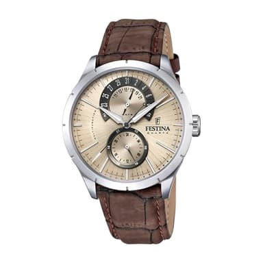 Festina Montre Homme Analogique en Cuir Marron - Mouvement Quartz - Verre Minéral Haute Résistance - Étanche 5 ATM - Élégante et Classique - Multifonction F16573/9