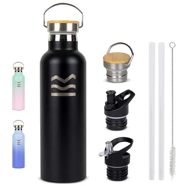 Gourde Isotherme 750 ml Bleue - HUIIKE | Bouteille Isotherme avec 3 Bouchons, Gourde Inox 12h Chaude & 24h Froide | Water Bottle Sans BPA | Bouteille avec Paille Acier Inoxydable Sport Reutilisable