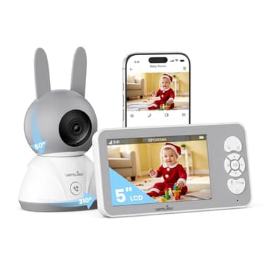 wansview 1080P/5" Babyphone Camera, Camera Bebe Surveillance 2,4/5GHz PTZ avec Écran LCD, 3000mAh, ECO, Vision Nocturne, Capteur de Température/Humidité/Mouvement/Pleur, Suivi Automatique, Berceuses