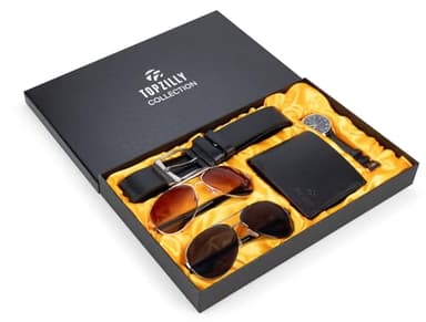 Coffret Cadeau Premium Pour Homme avec Ceinture en Cuir Noir, Lunettes de Soleil Polarisées, Portefeuille et Montre-Bracelet dans un Élégant Étui