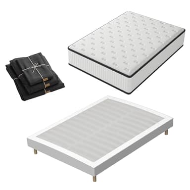 TEENO Matelas à mémoire de Forme et sommier 160x200 Ensemble, Matelas 160x200 et Parure de lit 4 pièces+Sommiers à Lattes avec 9 Pieds pour Adulte | 2x14 Lattes (160x200x16cm)