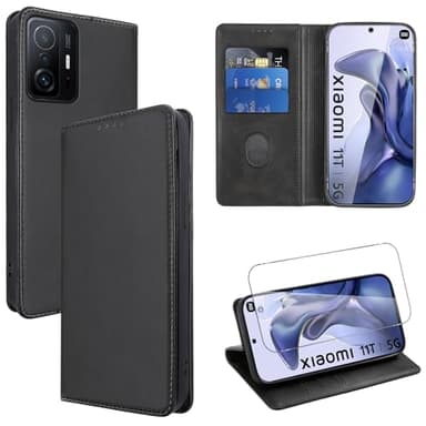 Vauki Coque Cuir pour Xiaomi 11T/Xiaomi 11T Pro 5G 6.67" avec 1 Verre Trempé Etui à Rabat en PU Porte-Cartes Portefeuille Support Flip Housse Magnétique Antichoc Anti-Rayures pour Xiaomi 11T 5G,Noir