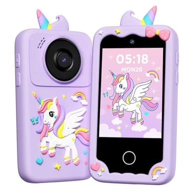 Téléphone Portable Enfants avec Appareil Photo, Cadeau Anniversaire Noël Modèle Licorne, Éducatif avec Livres Audio, Musique, Jeux et Carte SD 32G
