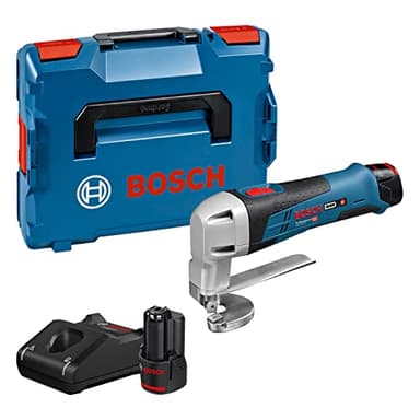 Bosch Professional 12V System cisaille à tôle sans-fil GSC 12V-13 (avec 2 batteries 2,0 Ah, chargeur rapide GAL 12V-40, clé mâle pour vis à six pans creux, L-BOXX 102)