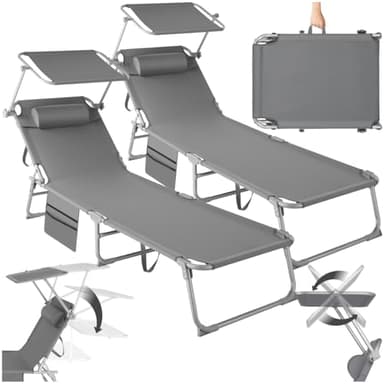 tectake® Set de 2 Chaise Longue Pliante Bain de Soleil Jardin Exterieur avec Pare Soleil, Appuie-tête, Pochette Chaise longue inclinable Transat de plage Relax Jardin Camping Salon de jardin exterieur