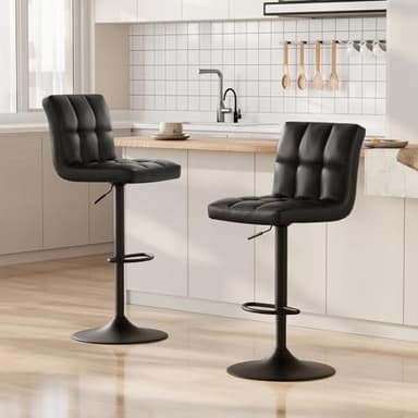 bigzzia Lot de 2 tabourets de Bar pivotants en Cuir synthétique réglables en Hauteur avec Dossier pour Petit déjeuner, comptoir, Cuisine et Maison, Noir