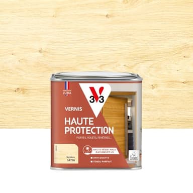 V33 Vernis bois extérieur Incolore satin - Haute Protection - Haute résistance rayures et UV - Anti-goutte et tendu bon - Ecolabel - 0,5L