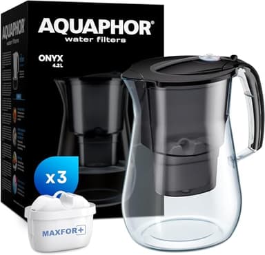 AQUAPHOR Carafe filtrante à eau Onyx de 4,2 L, pour réduire le calcaire, le chlore et autres impuretés, comprend 3 cartouches filtrantes Maxfor+ - Noir