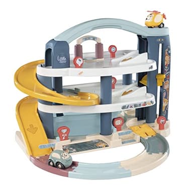 Smoby Little Grand Garage - 3 Niveaux - Voiture et Hélicoptère Inclus - Méga Rampe, Pompe à Essence, Héliport et Autres Accessoires - A Partir de 18 Mois - Fabrication Française