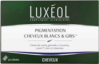 LUXÉOL - Pigmentation Cheveux Blancs & Gris - Complément Alimentaire - Contribue à La Pigmentation Normale(1) - Cassis Vitamines E B6 B8 Cuivre Zinc - Fabriqué En France - Programme 1 Mois, 30 Gélules