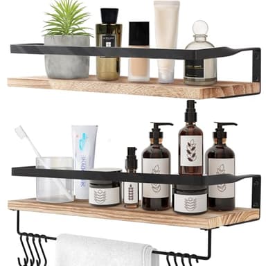 Uten Lot de 2 Étagères Murales en Bois, Design Moderne, avec Porte-Serviettes et Crochets, Rustiques, pour Cuisine, Salle de Bain, Salon, Bureau, 42 x 15 x 7.5 cm, Brun Clair-1