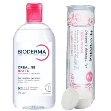 Pack Eau Micellaire Créaline H2O TS 500 ml et 80 Cotons Ronds HEXACARE OFFERTS – Nettoyant & Démaquillant Visage et Yeux – Peaux Sensibles Très Sèches – Sans Rinçage – Haute Tolérance