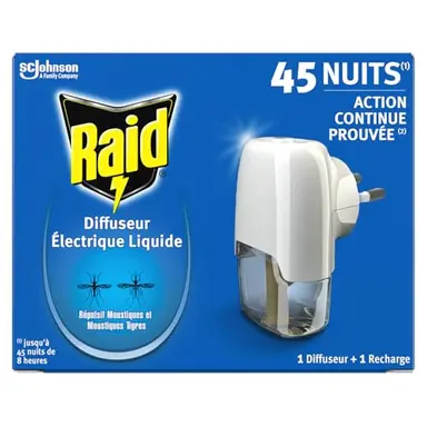 Raid Diffuseur Électrique Liquide Répulsif Moustiques et Moustiques Tigres 45 Nuits - 1 Diffuseur et 1 Recharge