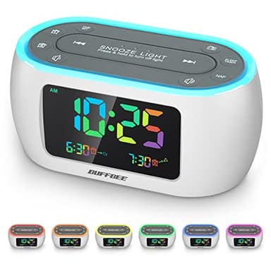 BUFFBEE Radio-réveil avec chiffres arc-en-ciel multicolores, veilleuse 7 couleurs avec option marche/arrêt, double alarme, variateur et chargeur USB, radio FM pour chambre à coucher, fonctionne sur