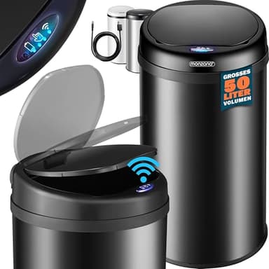 Monzana® Poubelle automatique acier inoxydable 50L capteur mouvement imperméable sans contact affichage LED câble USB poubelle de cuisine noir