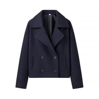 Trench-coat court pour femme à manches longues et revers cranté à double boutonnage décontracté coupe ample avec poches, bleu marine, M