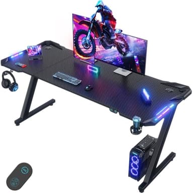 Devoko Bureau Gaming LED 160×60cm,Contrôleur Touché de Lumière par USB, Plusieurs Modes de Changement de lumière,Porte-gobelet et Crochet pour Casque, Bureau Gamer Informatique Ergonomique, Noir