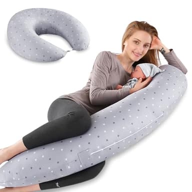 Lannvan Coussin de Grossesse et Coussin Allaitement - Coussin d'allaitement XXL Multi-Usages - Oreiller de Grossesse pour Dormir en 100% Coton - Coussin Femme Enceinte avec Housse Lavable - Gris