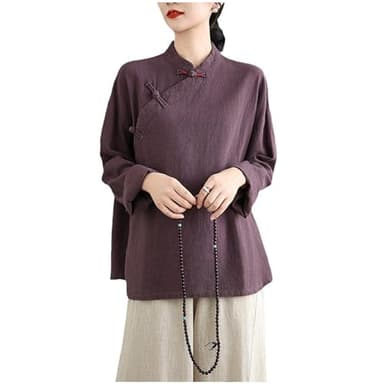 DAYKET Tenue de Kung Fu en Coton et Lin pour Femme, Uniforme d'arts Martiaux Chinois, Tenue de Méditation, Chemise à Manches Longues et Pantalon,Purple-M