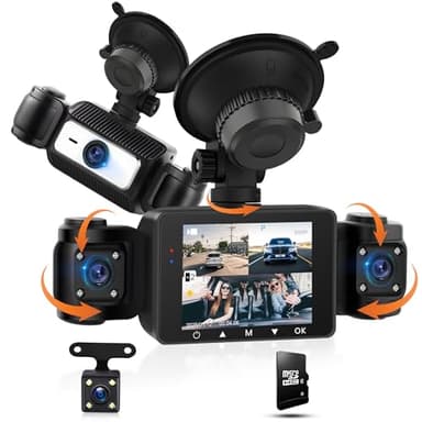 360° Dashcam Voiture, avec 4 x Caméra 1080P Avant et Arrière Gauche Droite avec Carte 64G, 2.4" Dash Caméra Vision Nocturne/Vidéo en Boucle/G-Sensor/Moniteur de Stationnement 24H/Aide au Stationnement