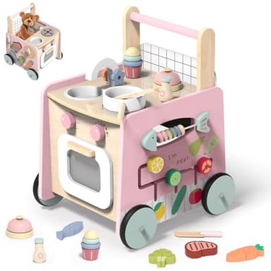 Trotteur Bébé en Bois, 9 en 1 Chariot de Marche Bebe avec Jouets Montessori et Cuisine de Jeu, Jouet en bois bébé avec Roues et Espace de Rangement, Marcheur Bébé Cadeau pour Garçon et Fille