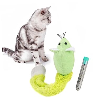 Happyyami Jouet Souris pour Chat Herbe à Chat Jouet Interactif en Peluche Verte Longue Queue Ensemble De 2 Pièces