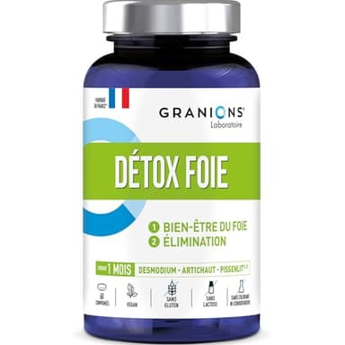 Détox foie GRANIONS | Complément alimentaire detox | Détox foie 1000mg avec Radis noir + Artichaut + Desmodium | Cure detox foie, drainage, regénerant | Made in France | 60 comprimés