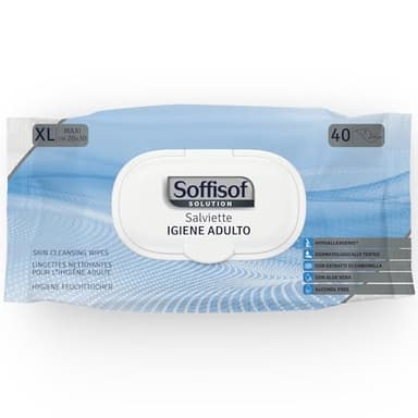Soffisof Lingettes Nettoyantes Corps Adulte - 40x Lingettes Adulte XL 20x30 cm - Lingettes Hygiène Adulte Sans Rinçage - Avec Couvercle Fraîcheur - Douces et Résistantes pour Peaux Sensibles