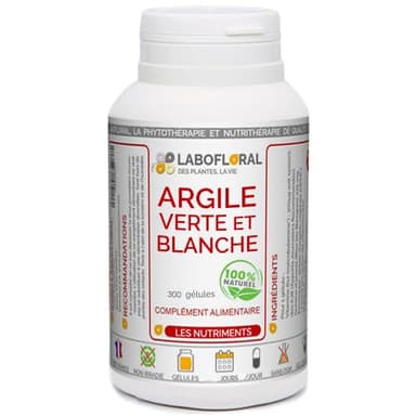 Argile verte et blanche Labofloral 300 gélules dosées à 420 mg - Complément alimentaire - vertus purifiantes et apaisantes du système digestif, cure détox- Fabriqué en France