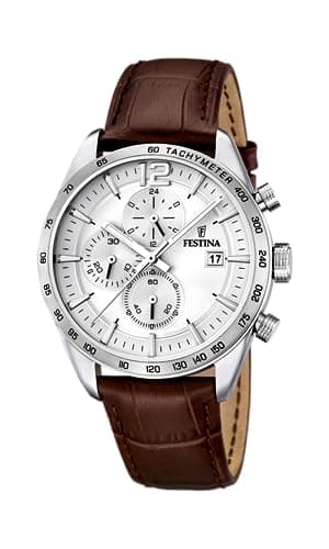 Festina Montre Homme Analogique en Cuir Marron - Mouvement Quartz - Chronographe - Calendrier - Verre Minéral Haute Résistance - Étanche 5 ATM - Élégante F16760/1 Timeless Chronograph