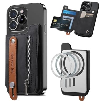 Ysnzaq Porte-Cartes pour Magsafe, Compatible avec Magsafe Wallet pour Téléphone avec Fermeture éclair, 5 Cartes, Portefeuille Magnétique pour iPhone Série 16/15/14/13/12-SDLW Black