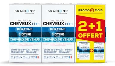 GRANIONS PRO KERACYS 4-EN-1 | Anti-chute Cheveux + Force + Croissance + Brillance | FORMAT 3 MOIS : 2 x 90 Gélules + 90 Gélules OFFERTES | Fabriqué en France