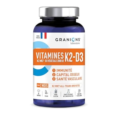 GRANIONS VITAMINE D3 K2 MK7 - Vitamine D3 2000 UI + K2 200 mg – Complement Alimentaire Vegan pour la Santé des Os et du Cœur – Système Immunitaire - Sans Gluten, 60 comprimés -2 MOIS