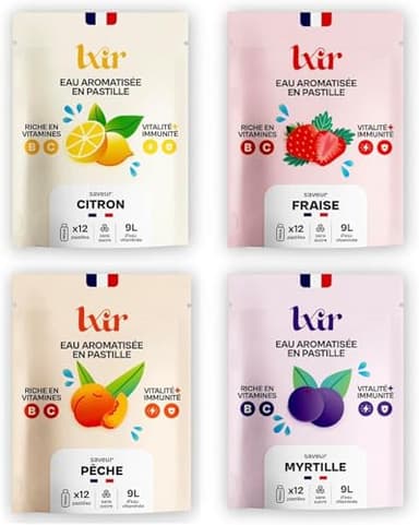 LXIR DRINK - Eau aromatisée en pastille sans sucre - Boisson multivitamines - Vitamines C et B - Hydratation quotidienne - Beauté de la peau - Vitalité - 48 pastilles - Citron/Fraise/Peche/Myrtille